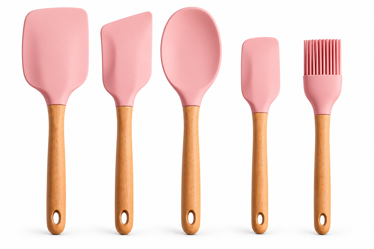 5-Piece Silicone Baking Spatula Set – White Non-Stick Scrapers with Wooden Handles