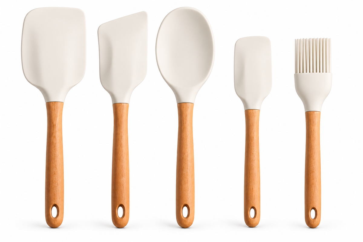 5-Piece Silicone Baking Spatula Set – White Non-Stick Scrapers with Wooden Handles