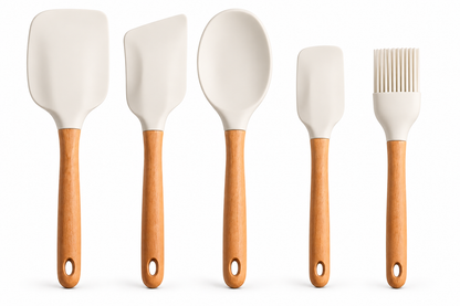 5-Piece Silicone Baking Spatula Set – White Non-Stick Scrapers with Wooden Handles