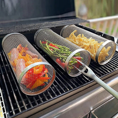 Stainless Steel Rolling BBQ Grill Basket – Portable Outdoor Barbecue