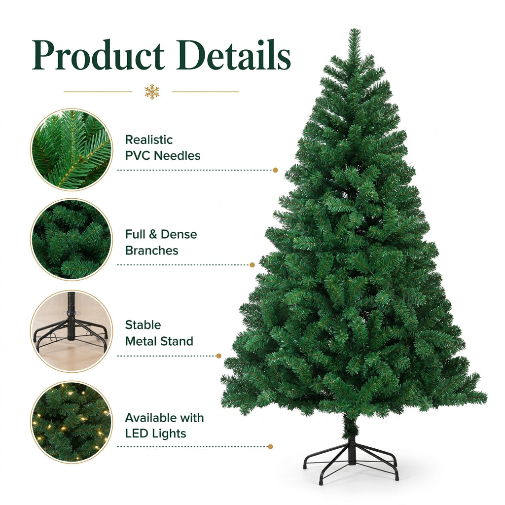 Artificial Christmas Tree with LED Lights – Full PVC Branches, 120cm–300cm