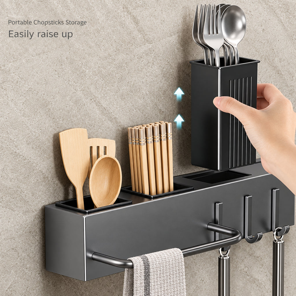 Tool-Free Wall-Mounted Kitchen Organiser – Knife, Utensil & Chopstick Holder