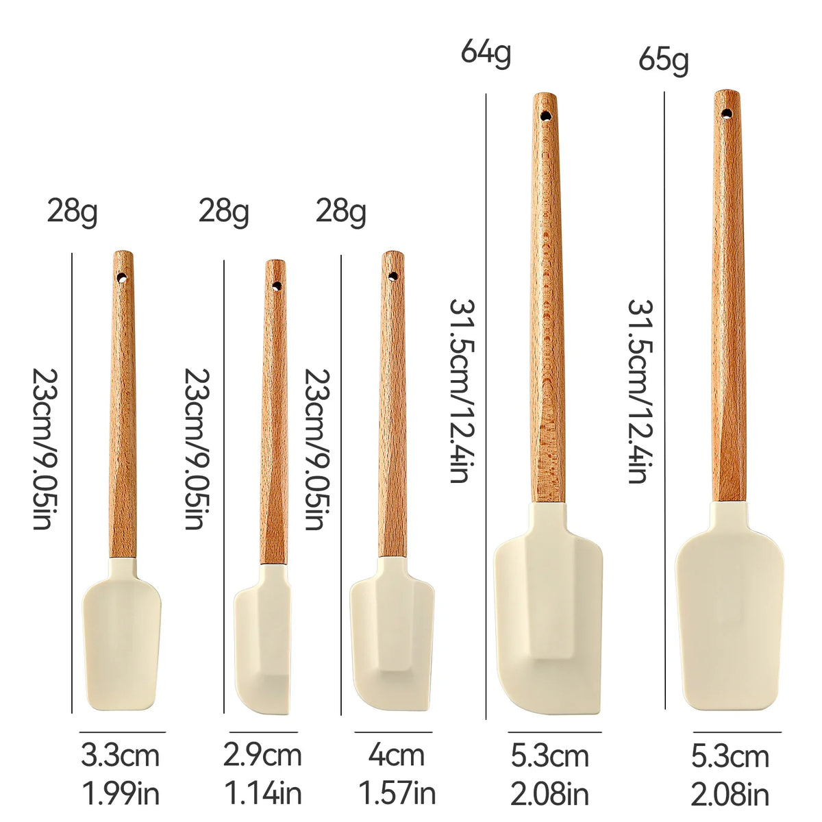 5-Piece Silicone Baking Spatula Set – White Non-Stick Scrapers with Wooden Handles