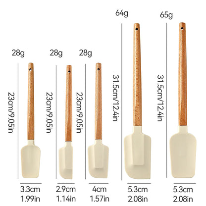 5-Piece Silicone Baking Spatula Set – White Non-Stick Scrapers with Wooden Handles