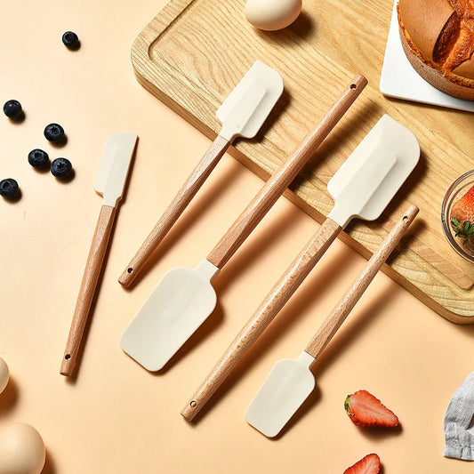 5-Piece Silicone Baking Spatula Set – White Non-Stick Scrapers with Wooden Handles