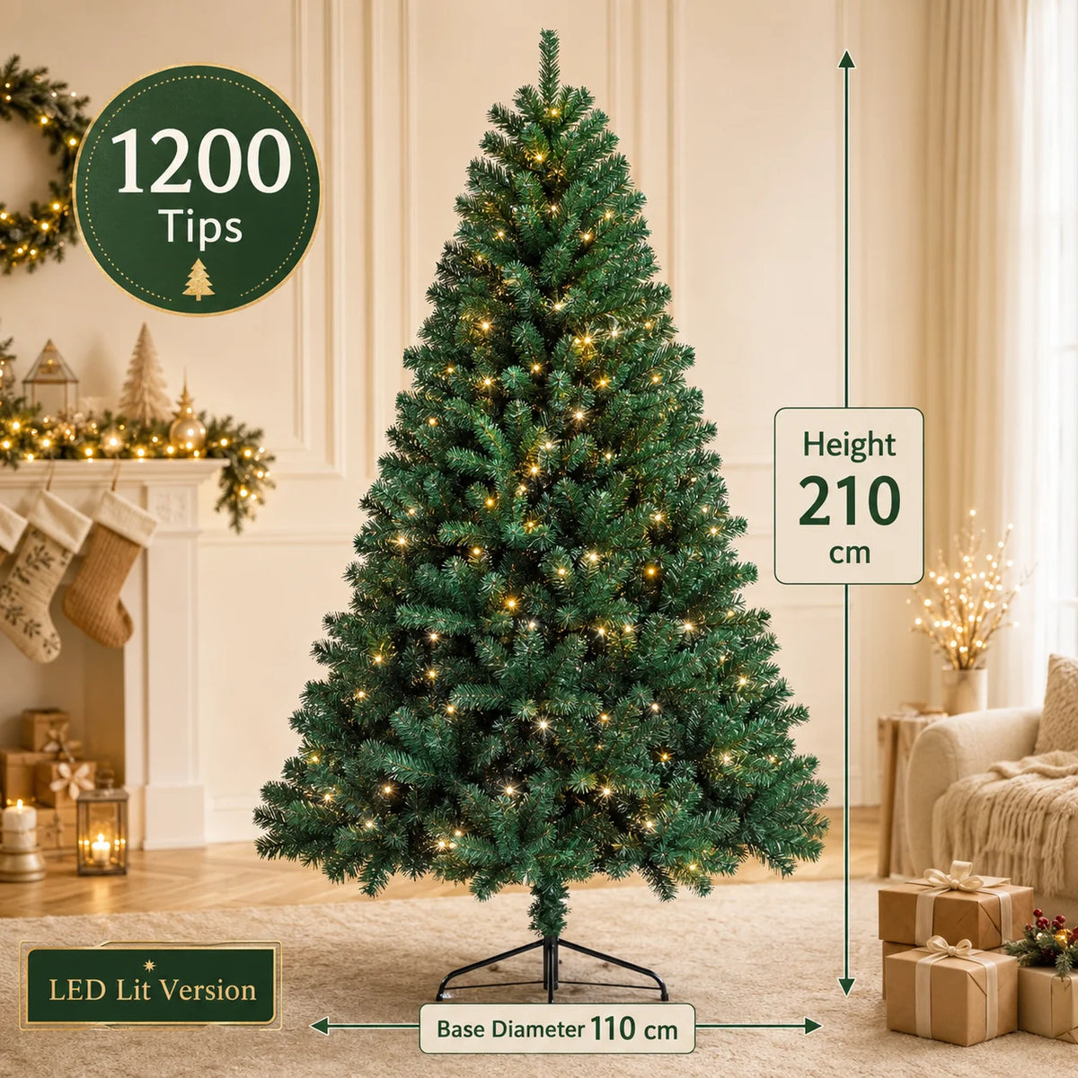 Artificial Christmas Tree with LED Lights – Full PVC Branches, 120cm–300cm