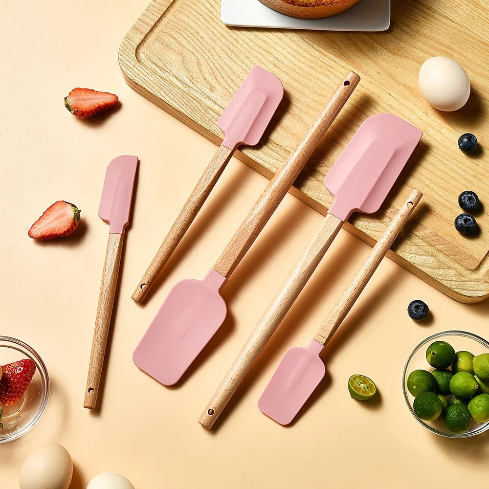 5-Piece Silicone Baking Spatula Set – White Non-Stick Scrapers with Wooden Handles