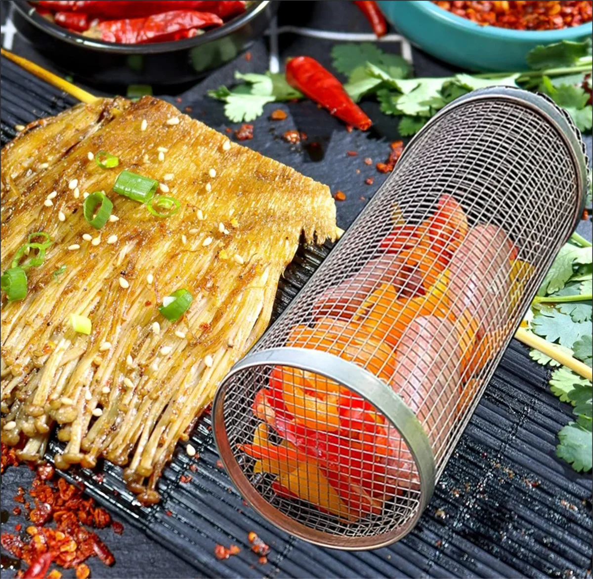 Stainless Steel Rolling BBQ Grill Basket – Portable Outdoor Barbecue