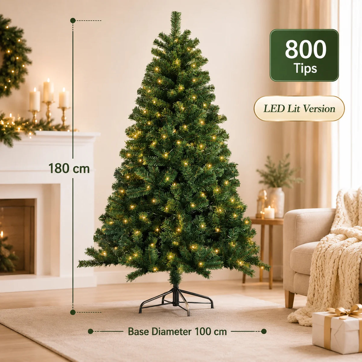 Artificial Christmas Tree with LED Lights – Full PVC Branches, 120cm–300cm