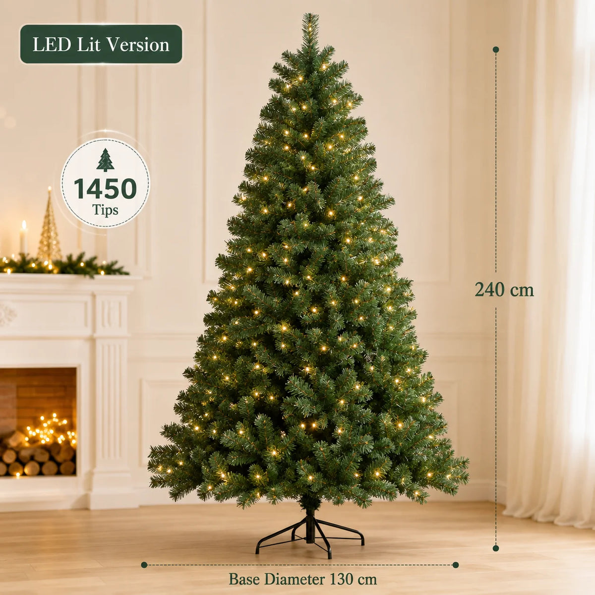 Artificial Christmas Tree with LED Lights – Full PVC Branches, 120cm–300cm