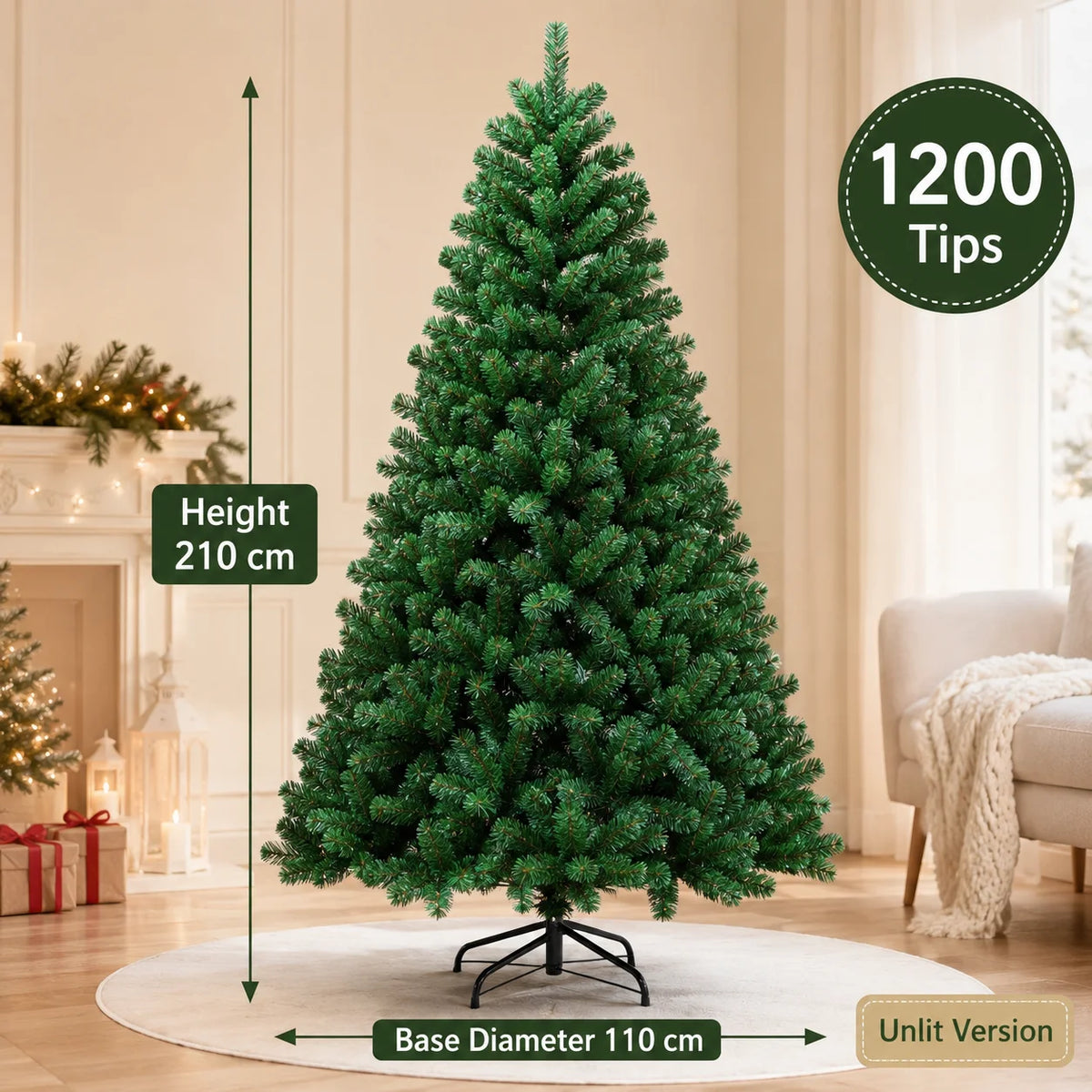 Artificial Christmas Tree with LED Lights – Full PVC Branches, 120cm–300cm