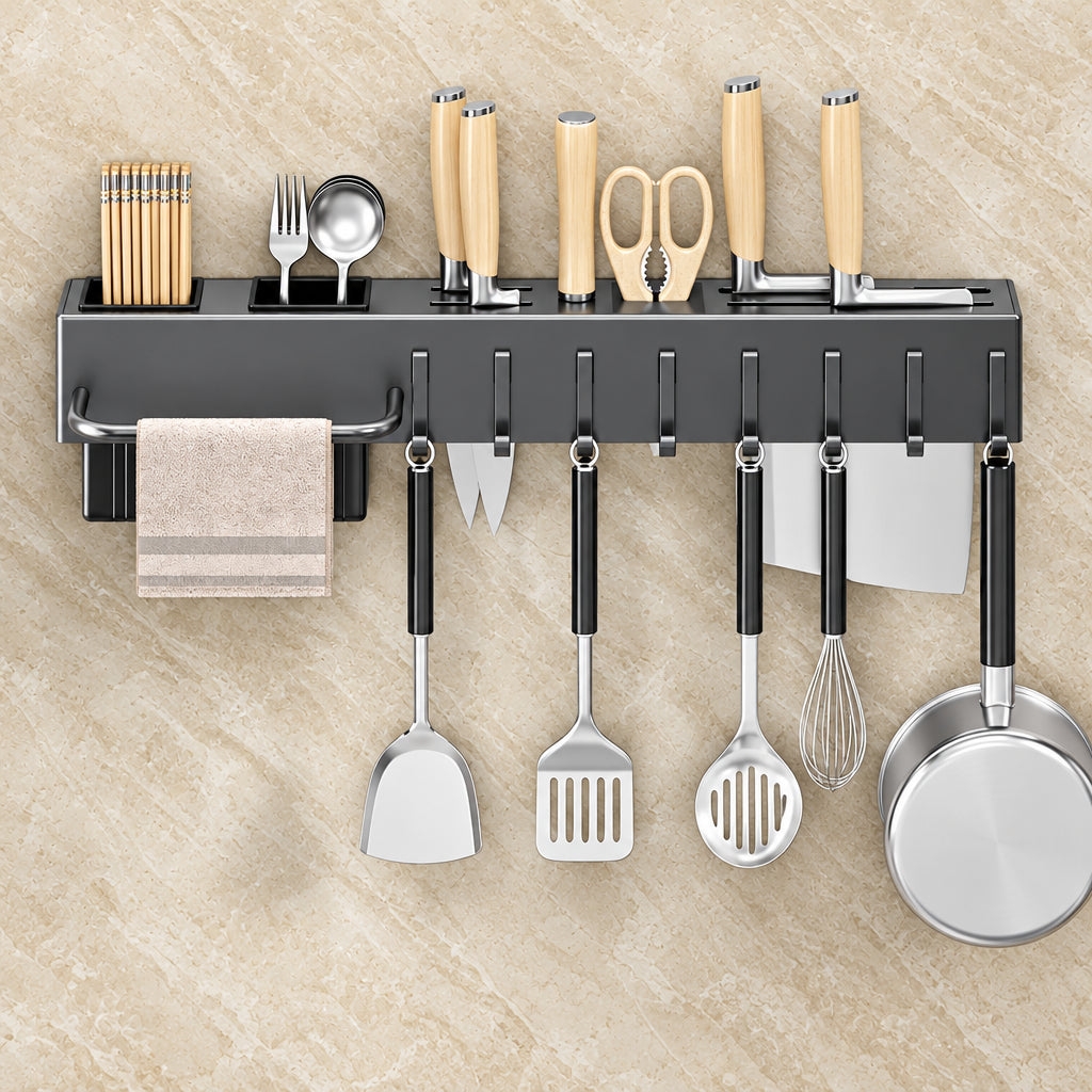 Tool-Free Wall-Mounted Kitchen Organiser – Knife, Utensil & Chopstick Holder